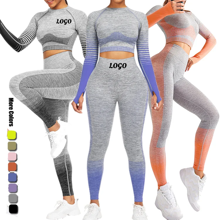 
Custom Logo Short Long Sleeve Crop Tops Two Piece Set High Waist Fitness Yog Wear Seamless Yoga Set 