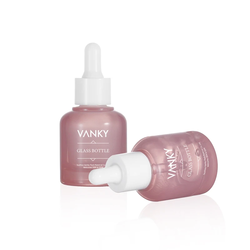 New Design Custom Round Shoulder Thick Bottom 30ml Pink Essential Oil Serum Glass Dropper Bottle For Cosmetic Packaging