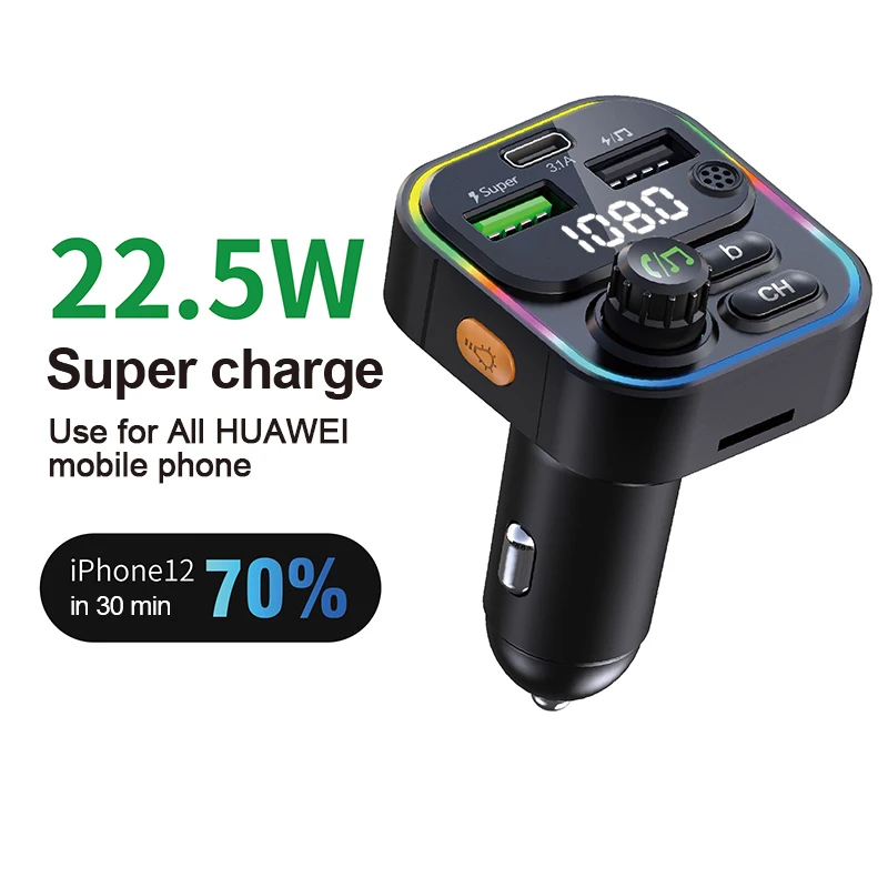 New 22.5W Car Kit FM Transmitter handsfree multifunction wireless  MP3 Player 3 Usb Port Car Charger Type C Charger Adapter
