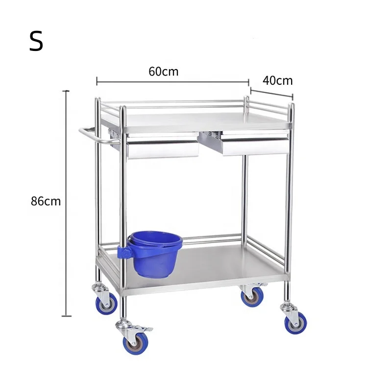 Stainless steel medical trolley Hospital instrument table nurse trolley with two drawers