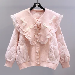 Bow Doll Collar Cotton Padded Coat for Women Winter New Loose Solid Parkas Female Long Sleeve Casual Jacket