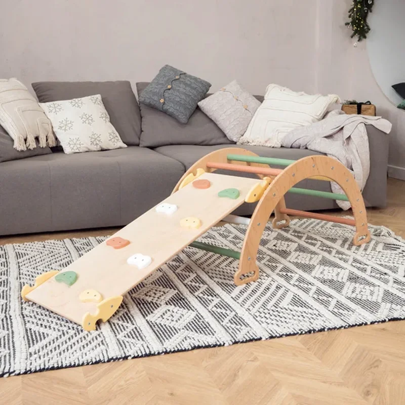 Montessori Wooden Climbing Wobble Baby Toys Indoor Play Gym Rainbow Rocker Pickler Arch