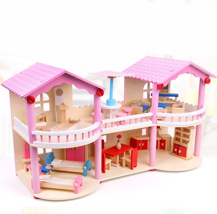 Fashion Kids Luxury Villa Wooden Play House Model Girls Toys Children Early Education Doll House Play Set