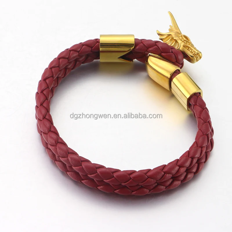 High Grade Dragon Head Punk Style Stainless Steel 18K Gold Plated Clasp Braided Leather Bracelet for Men