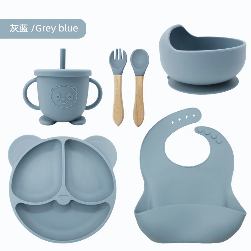 Food grade BPA free cute panda crockery kid tableware silicone dishes for baby toddler dinnerware children food suction plate