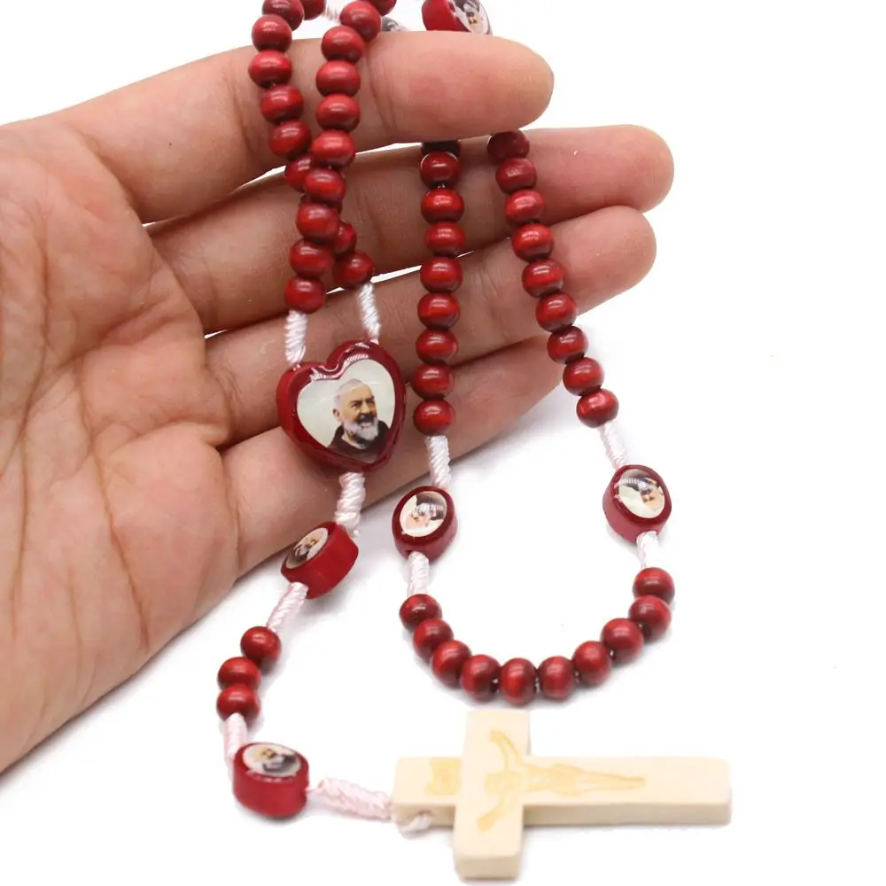 Christ Jesus Wooden Beads Rosary Bead Cross Pendant Red Chartlet Chain Necklace Religious Jewelry