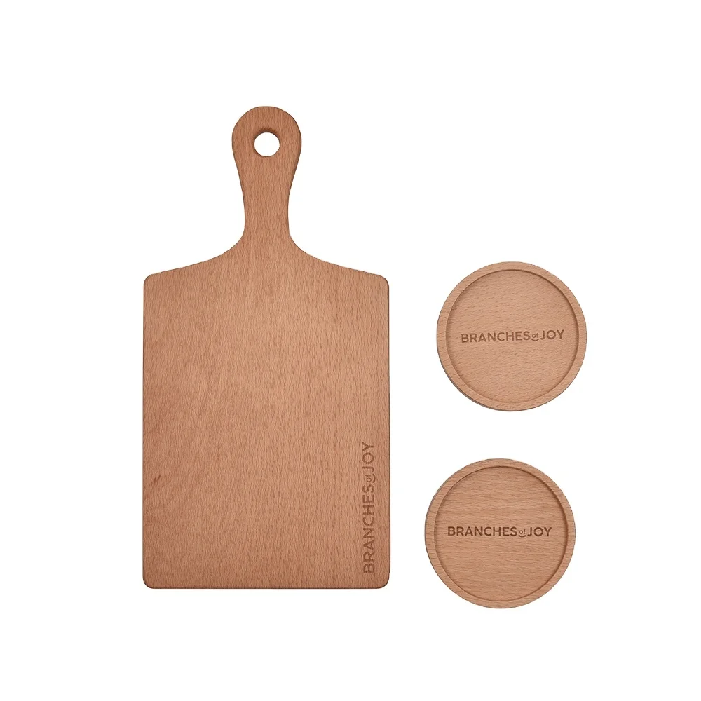 New design Gourmet Hardwood Pizza Peel Cutting Board Serving Tray With Wood Coasters
