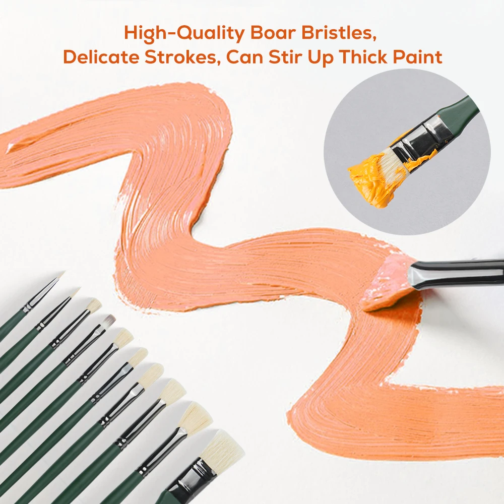 Artist Painting Drawing Brushes 10 Pieces Flat Hog Bristles Wooden Handle Set For Oil Colors Watercolor Acrylic