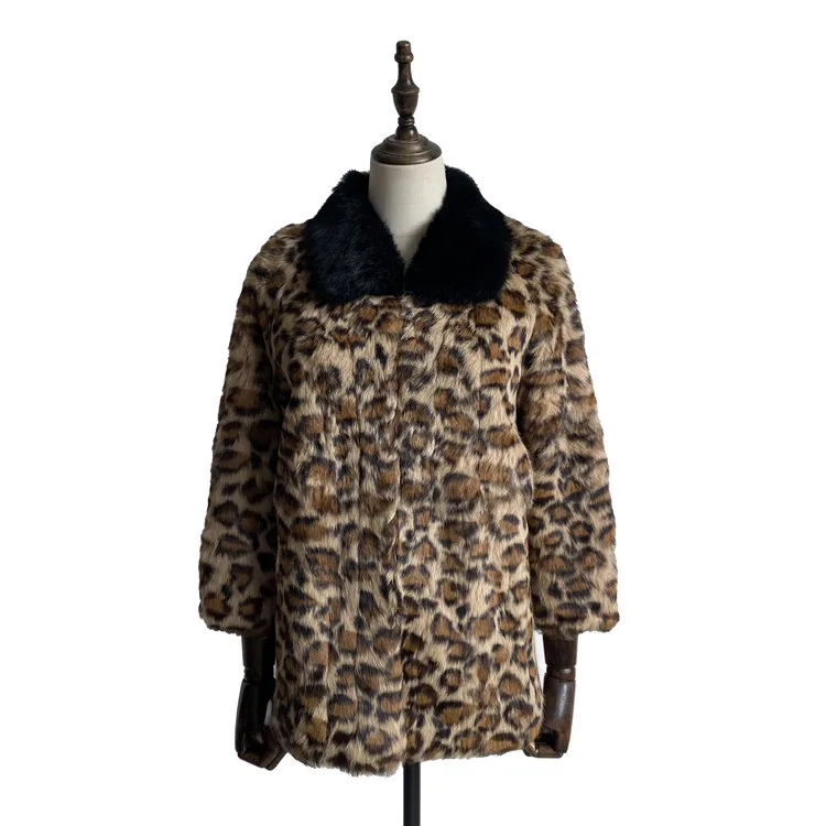 Factory new product luxury  korean fashion style winter solid lapel leopard print real rabbit fur coat