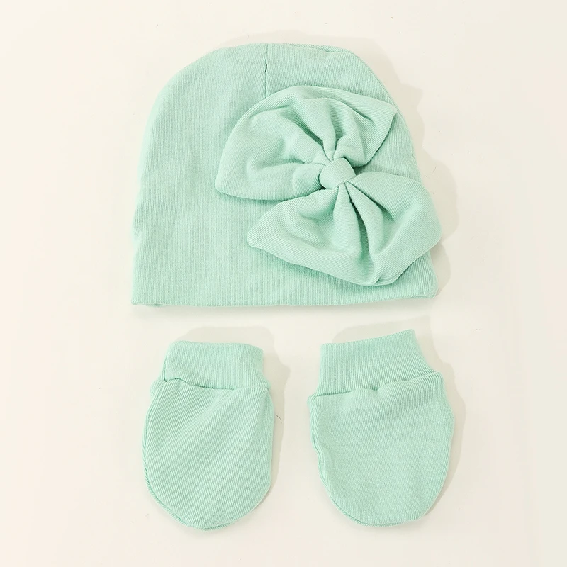 Wholesale Bow Boys Girls Cotton Newborn Babies Knit Soft Knitted Mittens New Baby Hat With Mittens Set