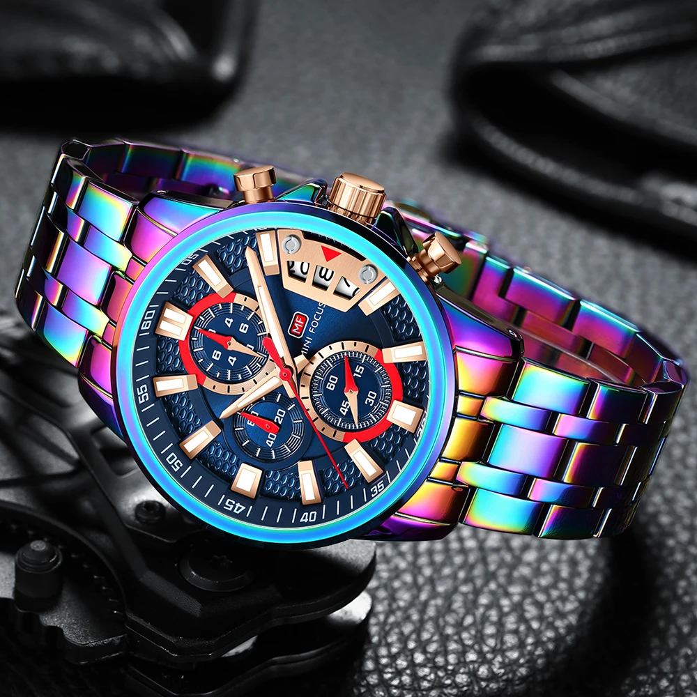 Relojes Hombre Mini Focus MF0352G Rainbow Color Fashion Men Wrist Watches Waterproof Chronograph Quartz Hip Hop Watch