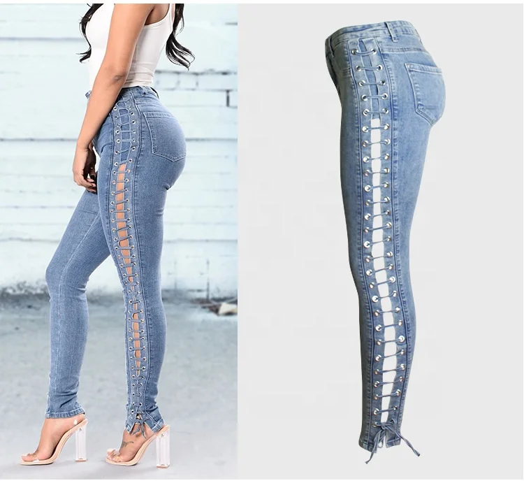
Hot Sexy Skinny Girls Tight High Waist Stretch Pants Crisscross String Bundle Jeans Women 