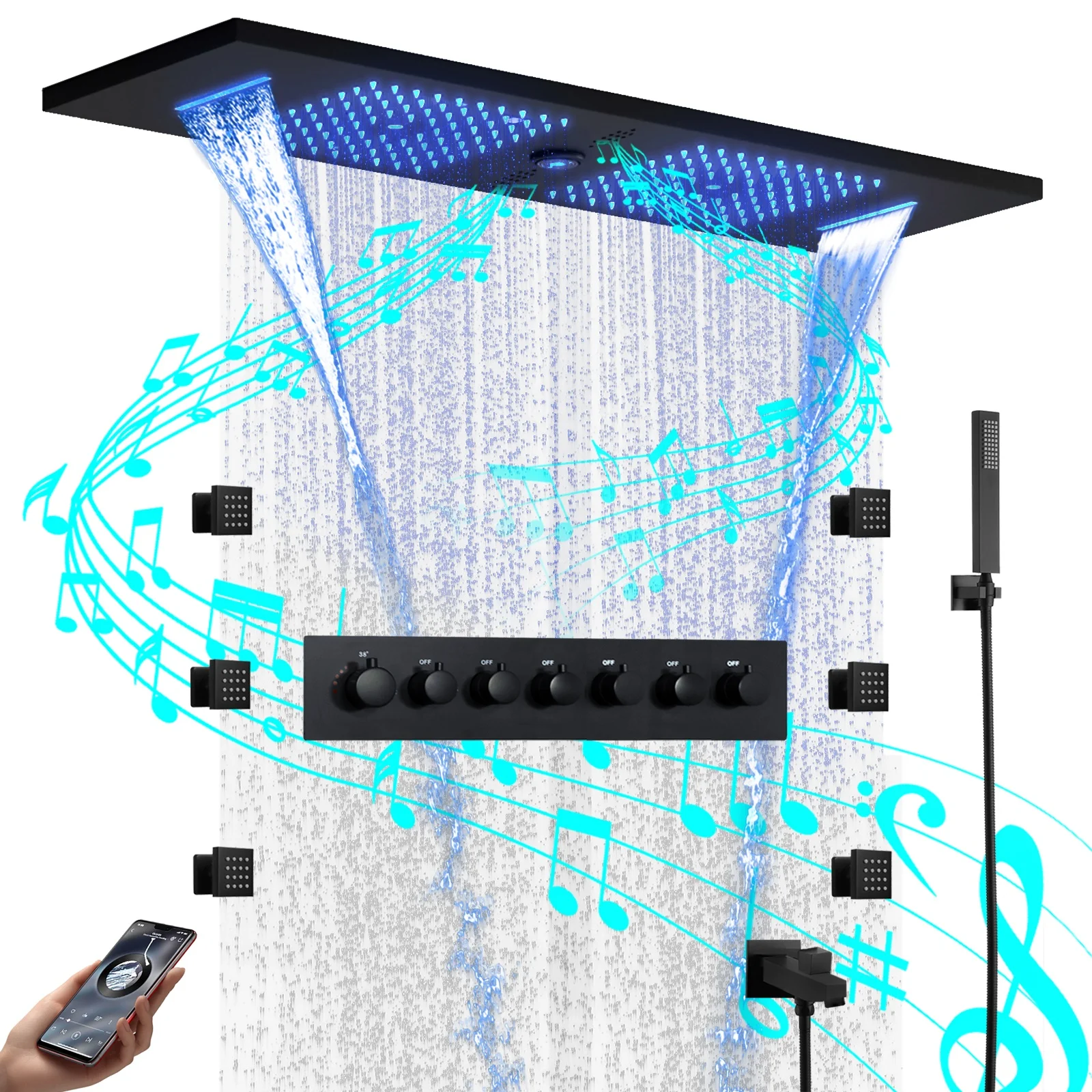 12*36 inch Music Matte Black LED Double Rain Shower Head Ceiling Embedded Bathroom Thermostatic Rainfall Shower System Set