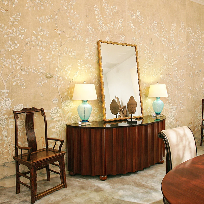 Chinoiserie Style Graceful Luxury Ink Painted  Handpainted Silk Wallpaper