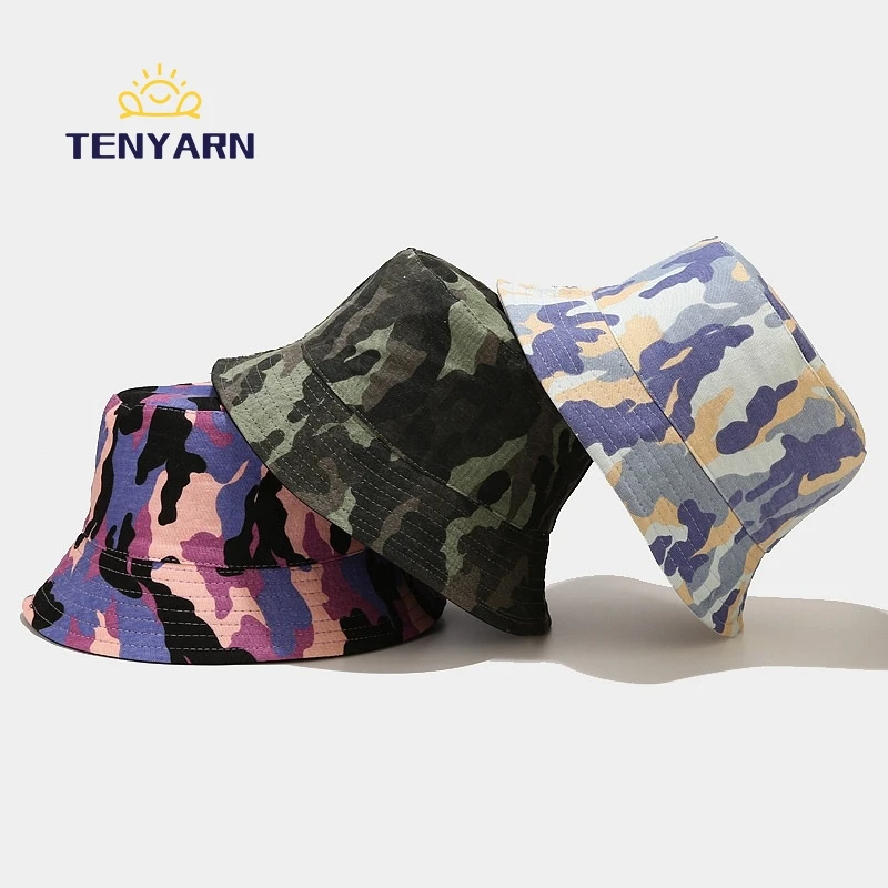 Tenyarn Custom Logo Cotton Flat Top Camouflage Print Designed Blank Bucket Cap Hat For Outdoor Wholesale