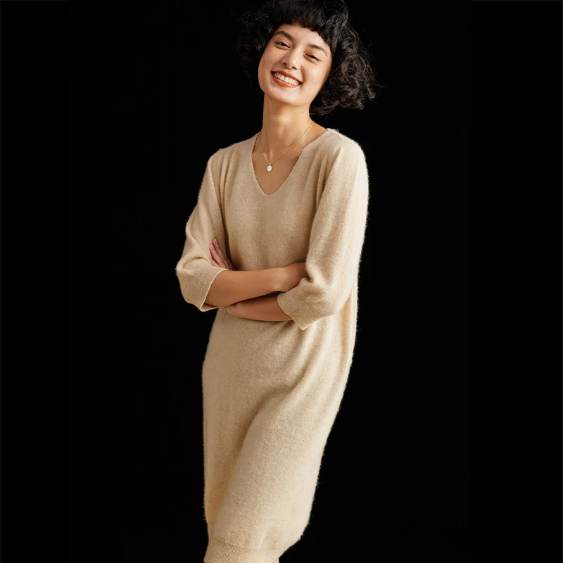 2024 Новое поступление длинное 100% кашемировое платье с V-образным вырезом шерстяной свитер повседневное летнее вязаное женское для женщин