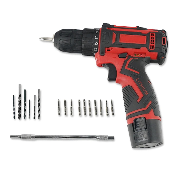Whole tool kit included LED light lithium battery powered 1500mAh 12V cordless screwdriver 10mm chuck electric drill