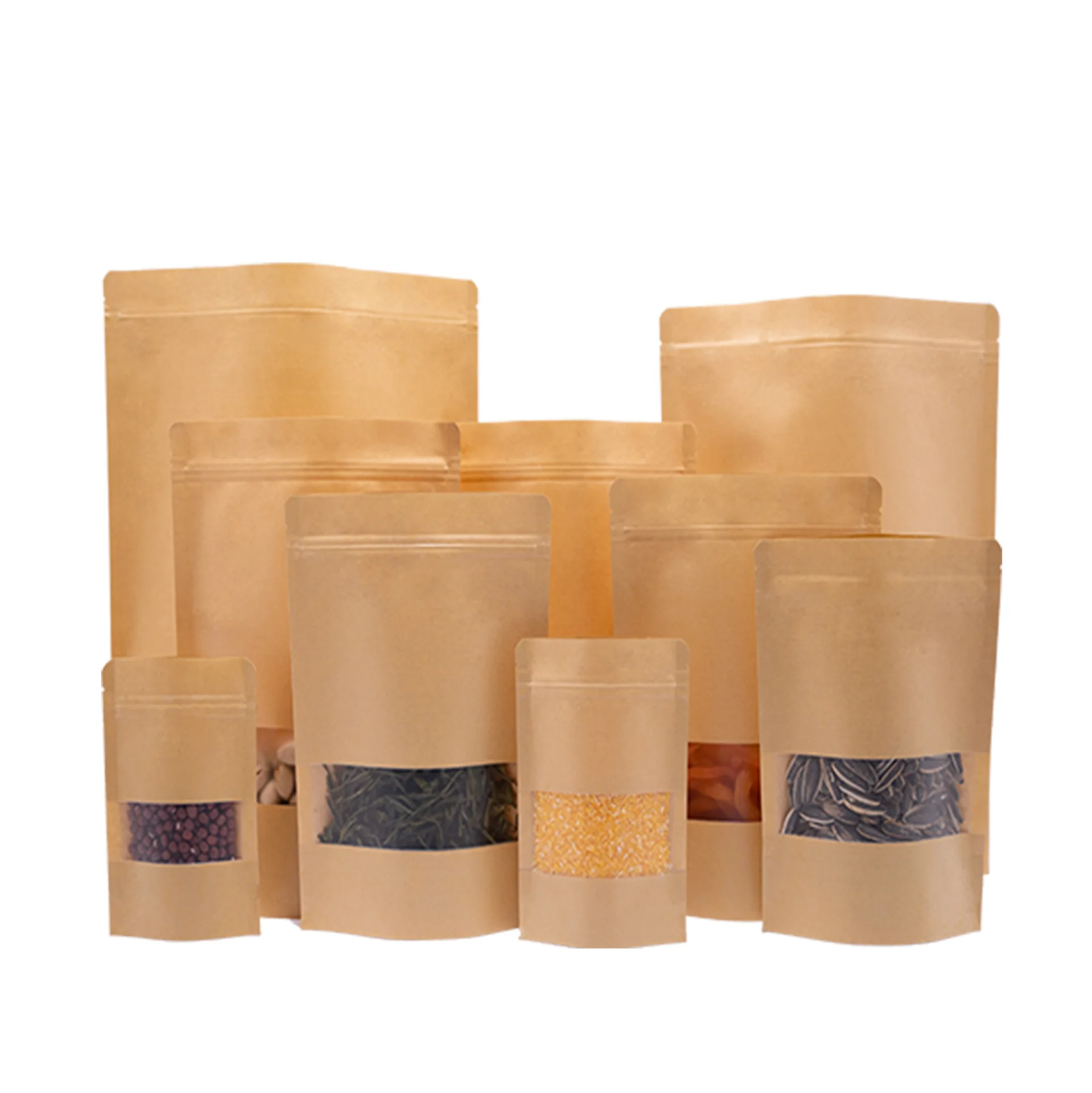 Biodegradable Brown Kraft Paper Bag Moisture-Proof Stand up Pouch with Window and Zipper for Nuts or Food Use