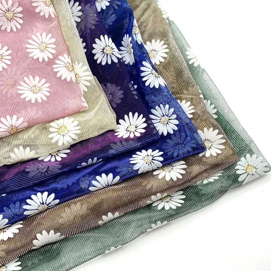 Wholesale polyester glitter coated flocked tulle sheer dress moonlight mesh sunflower small daisy fabric
