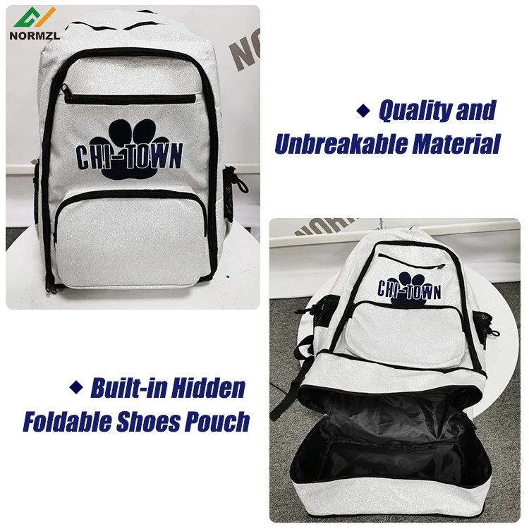 Normzl wholesale custom embroidery logo glitter cheerleading backpack design silver color sparkle cheerleader bags