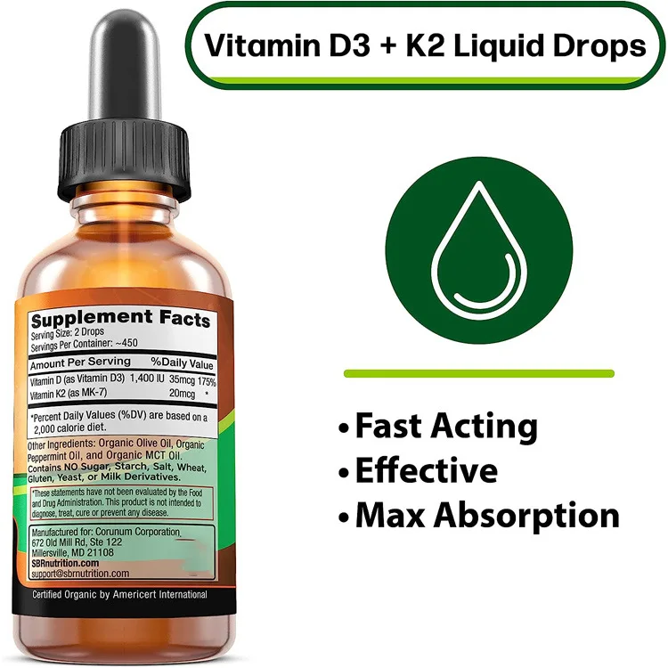 OEM Private Label Vegan Oral Liquid Supplements for Immune Support Zinc Calcium Iron Vitamin D3 K2 Drops in Bottle GMP Certified