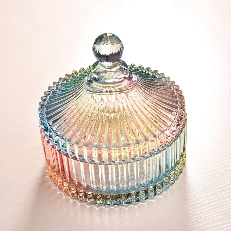 Custom Halloween Candy Yurt Christmas Iridescent Empty Clear Glass Candle Glass Cover Jar with Lid Jars Wholesale