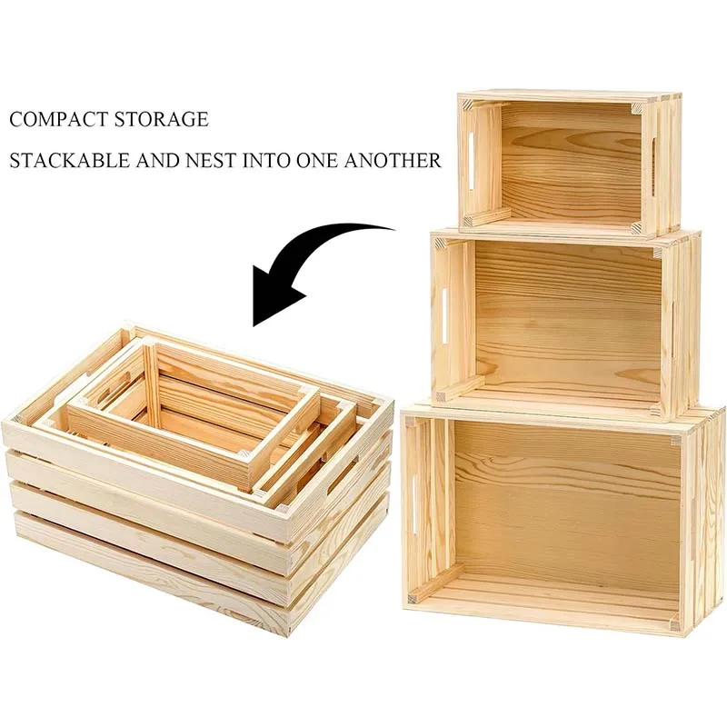Wooden crate Set of 3 Rustic Nesting Crates with Handles Decorative Wood Crate Box Wooden Storage Box for home