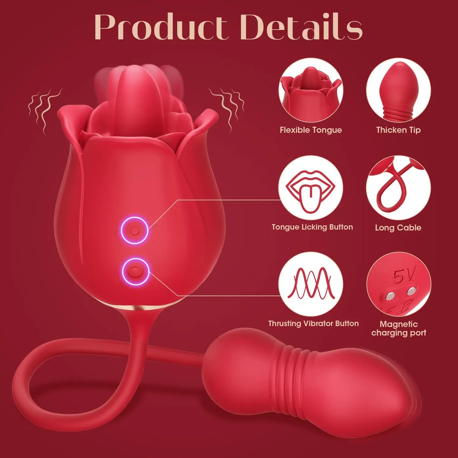 Rose Sex Toy Dildo Vibrator - 3in1 Rose Sex Stimulator for Women with 9 Tongue Licking & 9 Thrusting Dildo G Spot Vibrators