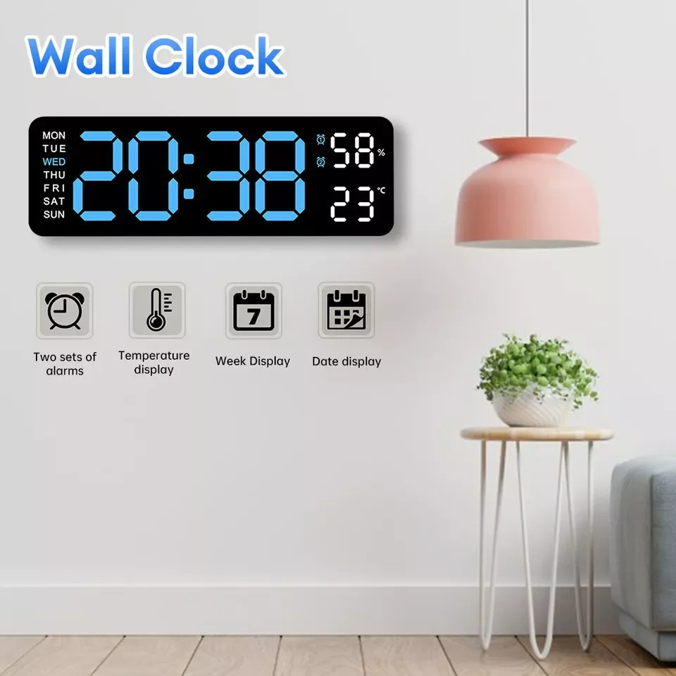 13 inches Wall-Mounted Digital Remote Control Digital  Wall Clock with Adapter Date Week Display Table Alarm Clock