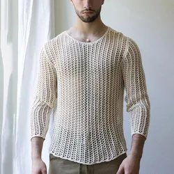 Summer new style men sexy hollow fit shirts plus size custom casual mesh long-sleeved t-shirt for men