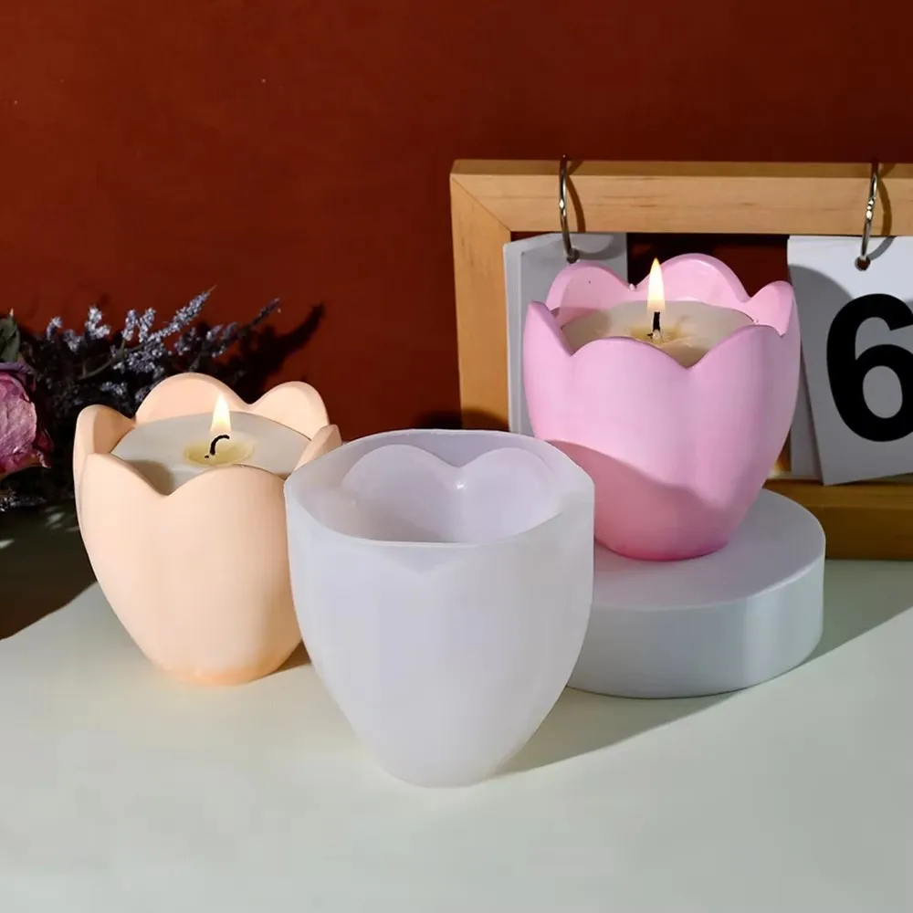 Tulip Candle Holder Mold Flower Home Decor Scented Candles Making Wholesale 3D Resin Soap Gypsum Mold for Candles Molde De Vela