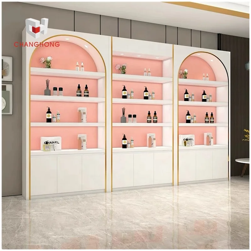 Salon perfume makeup retail store display fixtures high design cosmetic shelves racks with cabinet for cosmetic shops