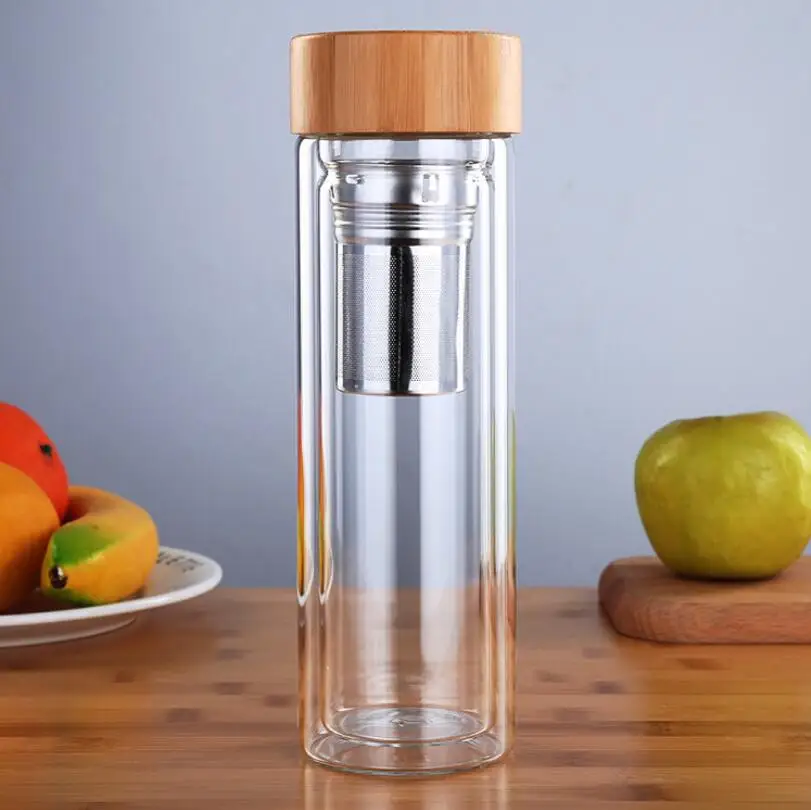 
Modern Round Clear Custom Logo Double Wall Borosilicate Glass Drinking Infuser Water Bottle With Bamboo Lid 