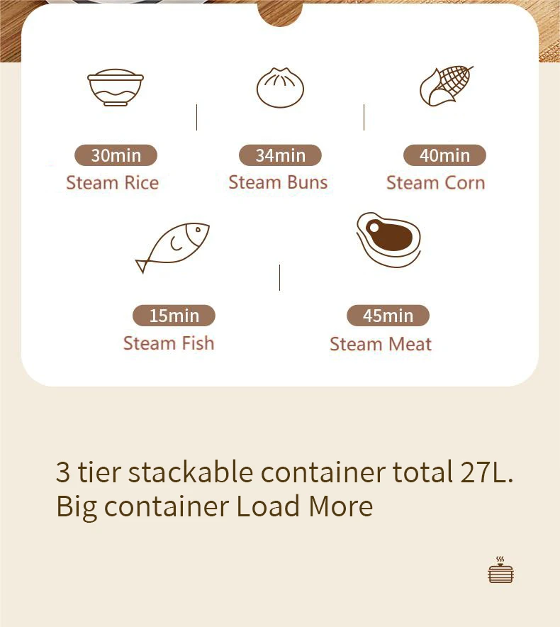 3  layers stackable container of total 27L Electric Food Steamer pot cooker big capacity steamed stuffed bun