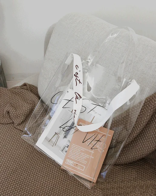 Custom Logo Webbing Handle PVC Clear Shopping Bag Waterproof Gift Plastic Bags Transparent Beach Tote Bag