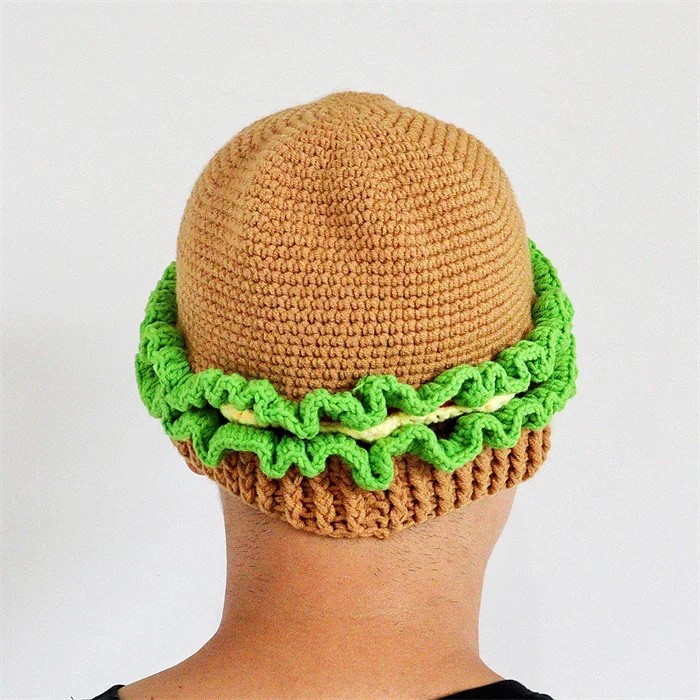 SZ1108 Cute Costume Novelty Hamburger Hats Handmade Crochet Knitted Beanie Caps Thermal Warm Funny Bread Hats for Party