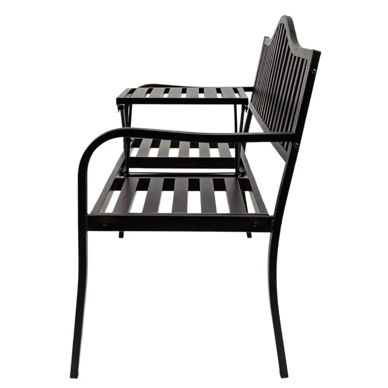 Outdoor Garden Bench with Pullout Middle Table, Double Seat Steel Metal for Patio, Porch, Backyard w/Weather- Resistant Frame