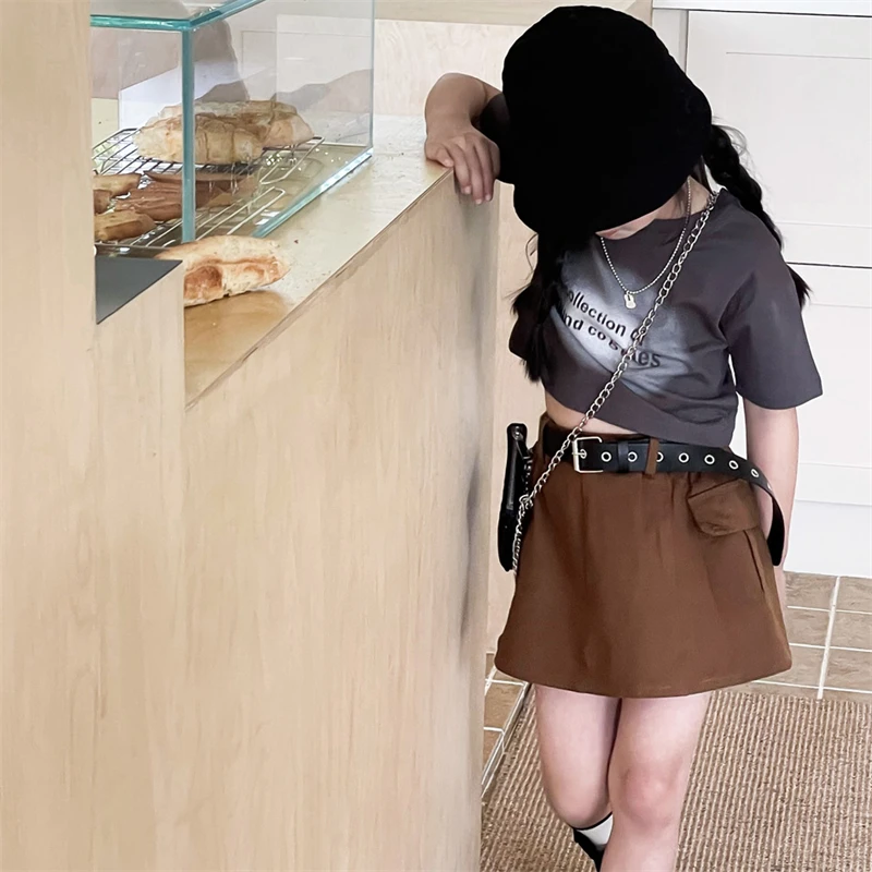2023 hot girls short sexy mini skirts children high waisted pocket skirt toddler girls skirts dress with belts for kids