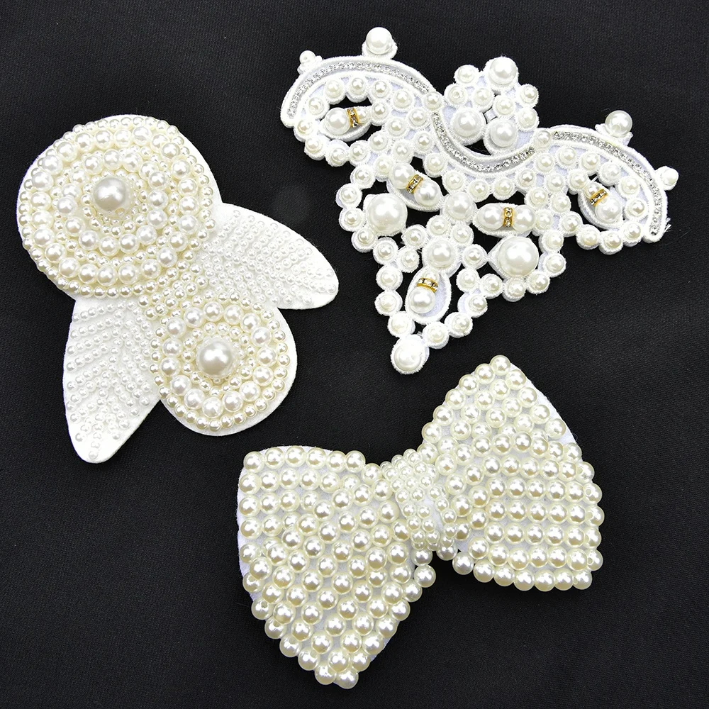 Fashion Sew on Pearl Motifs Patch Shoes Flower Buckle DIY Pattern Lace Applique for Wedding Hairpin Turban