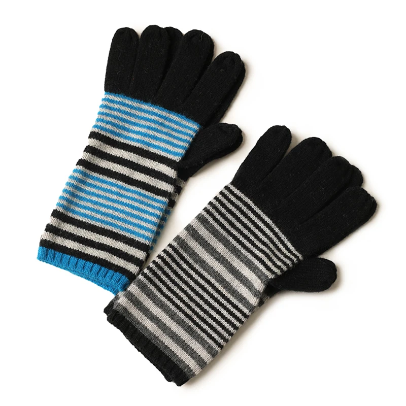 custom men knitted 100% wool stripes winter gloves fashion accessories luxury thermal full finger long cashmere gloves