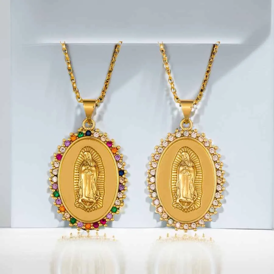 Fashion Oval Coin Medallion Religious Pendant Copper Plated 18k Gold Drop Oil Cubic Zircon Virgin Mary Necklace