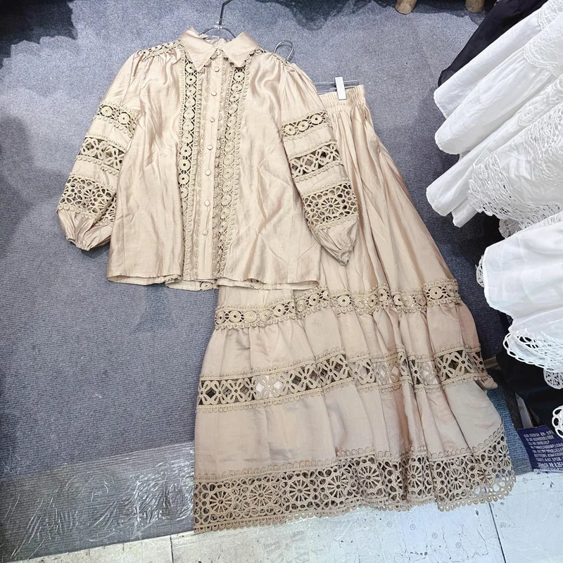 Lace splicing hollow sleeve shirt + stretch long skirt two-piece set big swing