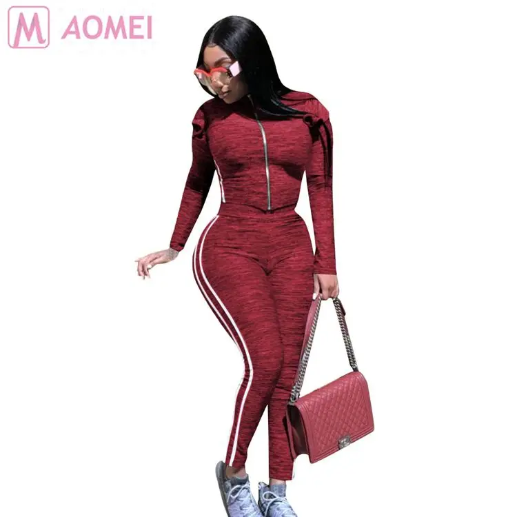 
M6023 wholesale new side stripe zipper front leisure tracksuit Pant 2 Piece Set Women Clothing 