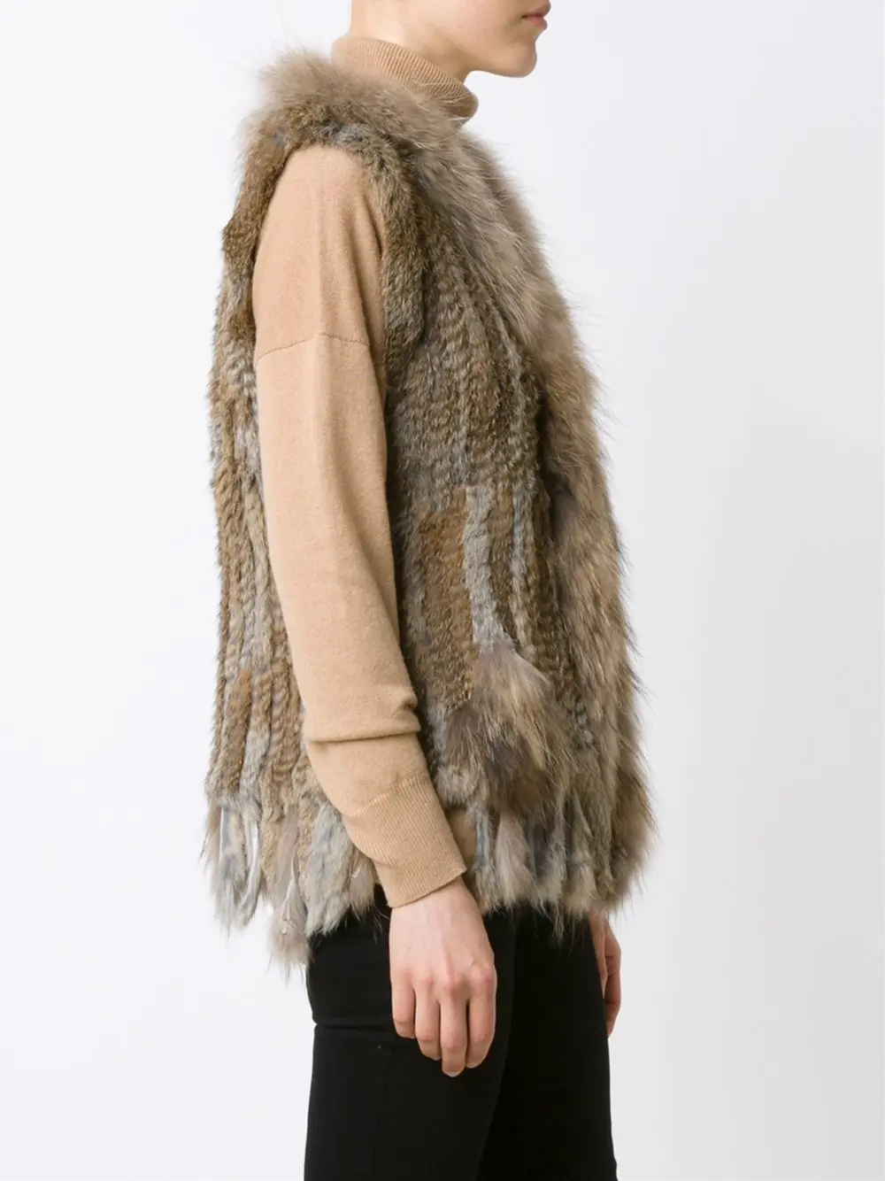 YR006A Casual Style Ladies Hand Knitted Genuine Rabbit Fur Vest with Raccoon Dog Fur Trimming