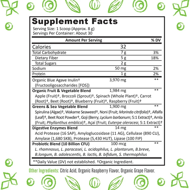 Super Greens Powder Organic Blend Non-GMO Supplement Spirulina, Alfalfa Spinach Probiotics Fiber Digestive Enzymes 30 Servings