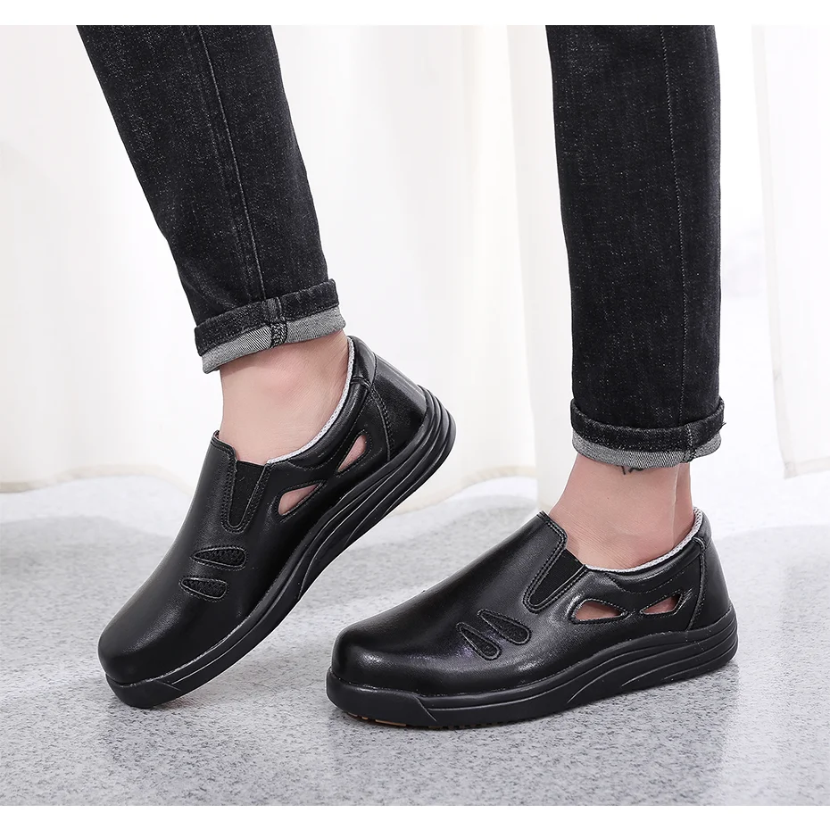 New Design Breathable Black Low Cut Non-Slip Lightweight Rubber Oil Resistant Leather Canteen Kitchen Work Chef Shoes