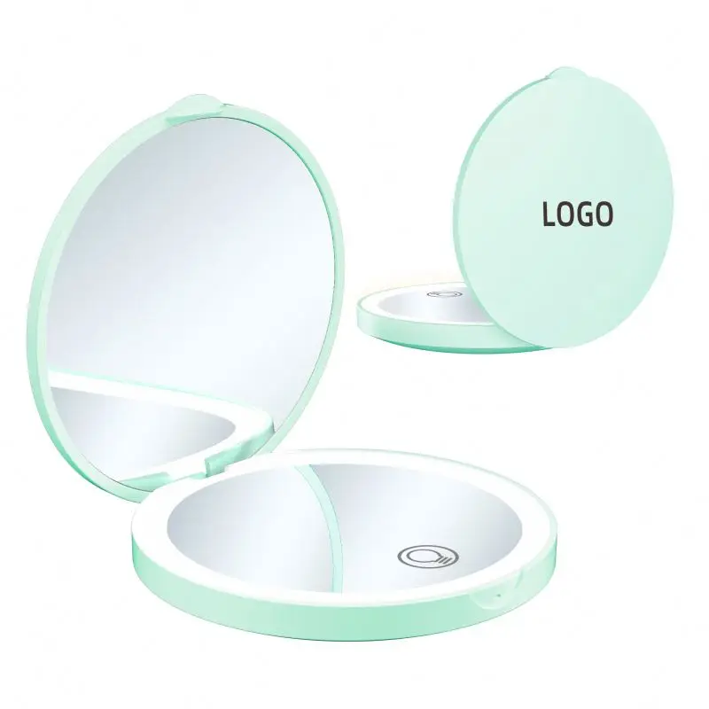 2023 new Custom Logo Pocket Mini Makeup Mirror Hand held Vanity Table With Led Lights Cosmetic Compact Mirror For Purse