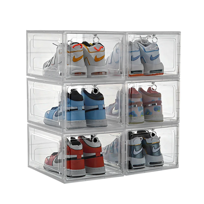 Wholesale Foldable Transparent Plastic Sneaker Storage Boxes Rectangle Acrylic Drawer Type Magnetic Clear Shoe Organizer Door