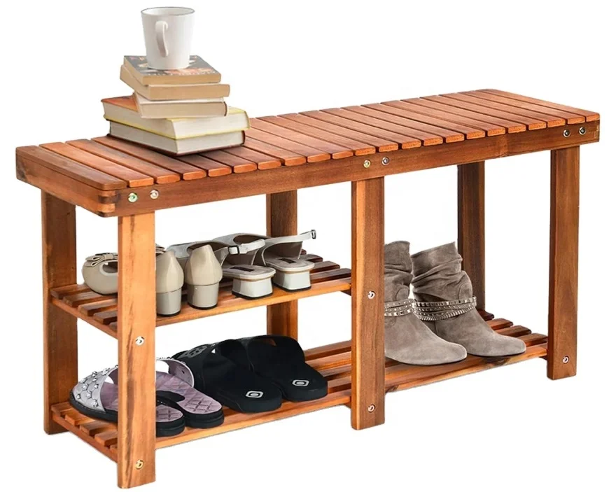 3 Tier Shoe Rack Bench, Premium Acacia Wood Storage Bench Multifunctional Shoe Organizer with Boots Storage Shoe Shelf with Seat