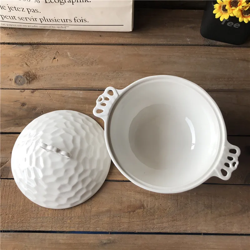 latest design ceramic embossed soup tureen bowls with two handle